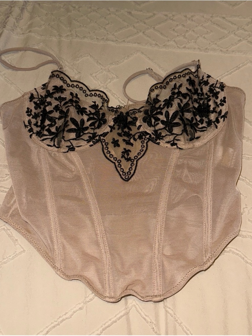 White Fox Boutique Beige Bustier with Black Floral Embroidery